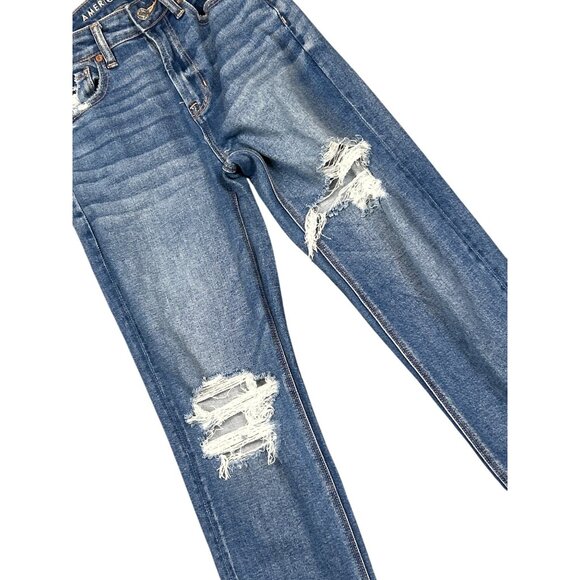 AE Stretch Mom Straight Jean Medium Distressed Wash Size 00 - Picture 6 of 9